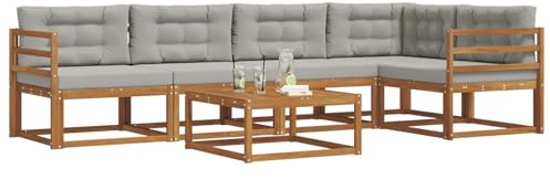 vidaXL Outdoor-Sofagarnitur mit Kissen 6 pcs Natürlich und Hellgrau, Gartenmöbelset, modernes Patiosofa, Robustes modulares Lounge-Set, Outdoor-Sitzgelegenheit für Garten, Poolbereich, Akazienholz