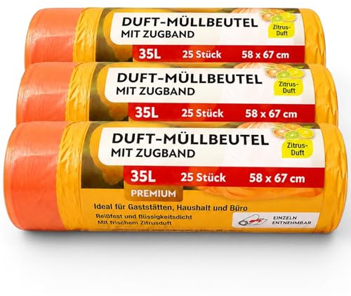 Müllbeutel mit Zitrus Duft und Zugband, 35 Liter, 75 Stück, 3er Pack | 3 x 25 Stück, Ideal für Büro, Haushalt und Bad