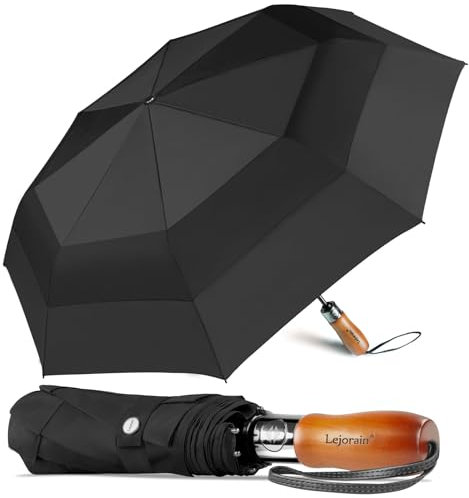 Lejorain 137,2 cm großer Regenschirm, automatisches Öffnen und Schließen, mit faltbarer Golfgröße und 210T Dupont-Teflon-Beschichtung, belüftet, winddicht, Doppeldach für Damen und Herren, Schwarz