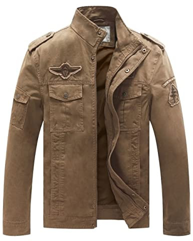 WenVen Giacca Leggera Mezza Stagione Giubbotto a Vento Stand Collo Giubbotto Multi Tasche Cappotto da Esterno Autunnale Uomo Cachi XXL