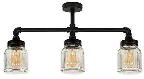 MiniSun | Industrial Steampunk Satin Black 3 Way Bar Pipework Ceiling Light with Clear Glass Ribbed Jar Shades | Pendant Lights, Home Décor & Improvement Essential | Mains Wired