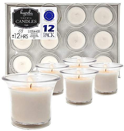 Hyoola Bougies Votives - Bougies Blanches dans Verre Transparente - Lot Bougies Blanches Combustion 12 Heures - Bougies Mariage Non Parfumées - Lot 12 Petites Bougies Vrac - Fabriquées en Europe