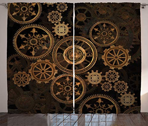 ABAKUHAUS Steampunk Rustikaler Gardine, Räder Dunkle Schatten, Schlafzimmer Kräuselband Vorhang mit Schlaufen und Haken, 280 x 260 cm, Braun Sand