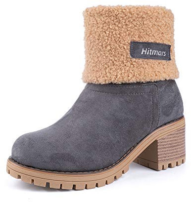 Hitmars Stivali Donna Invernali Stivaletti Camoscio Boots con Tacco Largo 6CM Stivali Foderati Caldi Scarpe Eleganti Comodi Moda Grigio EU 38