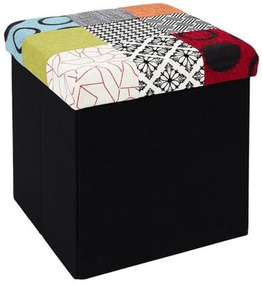 HOME DECO FACTORY - Hd6506 - Coffre Pouf Pliable, Dimensions. 38x38x38cm - Hauteur d'assise : 38cm - Test Assise 110Kg, Patchwork, Rangement Assise 2en1
