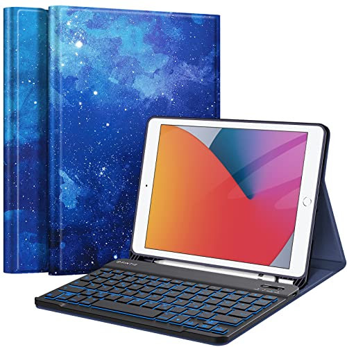 FINTIE Hülle mit Tastatur für iPad 9. / 8. / 7. Generation (10.2 Zoll, 2021/2020/2019), Beleuchtete Magnetisch Abnehmbarer Tastatur mit Schutzhülle, Deutsches QWERTZ-Layout, Sternenhimmel