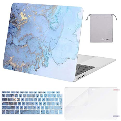 MOSISO Hülle Kompatibel mit MacBook Air 13 Zoll 2022 2021 2020 2019 2018 A2337 M1 A2179 A1932,Plastik Harte Schale Case&Tastaturschutz&Displayschutz&Lagertasche,Wasser Blau Marmor