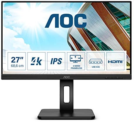 AOC U27P2 - Monitor Home Office - UHD 4K 27 pulgadas, 3840 x 2160, IPS, 60 Hz, 350 CD, Adaptive Sync, Regulable Altura, Color Negro