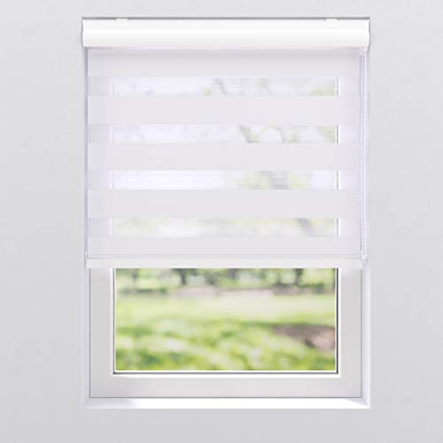 Doppelrollo Sonnenschutz Fenster Tür Innen, 110 x 175 cm Weiß gestreift | Stoff transparent & blickdicht aus Polyester / Metallhalter für Wand- & Deckenmontage / mit 28 mm Welle, Kettenzug & Kassette