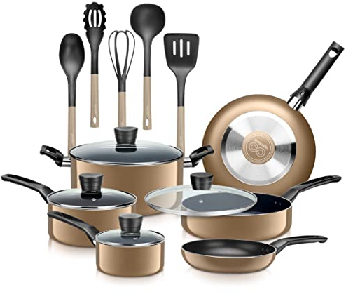 SereneLife Kitchenware Pots & Pans Basic Kitchen Cookware, Black Non-Stick Coating Inside, Heat Resistant Lacquer (15-Piece Set), One Size, Gold