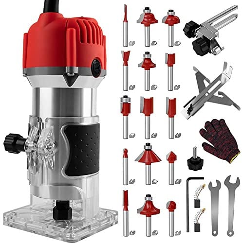 Compact Wood Router Tool 110V Electric Hand Woodworking Trimmer Palm Router kit with Gloves 15 PCS Router Bits (800W)