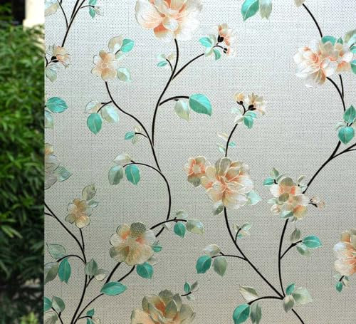 VSUDO Privacy Window Film, Jasmine Flower Pattern Window Tint for Home, Static Cling Window Glass Sticker (90x300 cm)