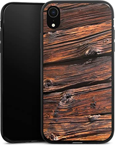 Slim Case extra dünn kompatibel mit Apple iPhone Xr Silikon Handyhülle schwarz Hülle Holzoptik Holzbalken Holz