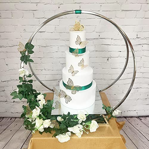70cm Gold/silver/white/black Metal Double Hoop Cake Stand HolderFood Presentation Stand Arch Flower Stand Floral Hoop Wedding Decor for Wedding Party With 35 cm Mirror Plate Tray (SILVER)