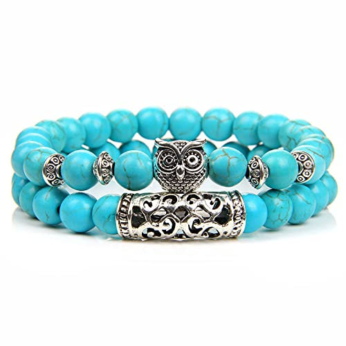 Perlenarmband Damen,Naturstein Blau Türkis Kristall Armband 2 Stück Vintage Eule Filigrane Charme Stretch Perlen Angst Armband Glücksenergie Edelsteine ​​Perlen Armreif Schmuck Für Männer Fra
