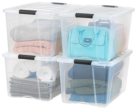 IRIS USA 72 Quart Stackable Plastic Storage Bins with Lids and Latching Buckles, 4 Pack - Clear, Containers with Lids and Latches