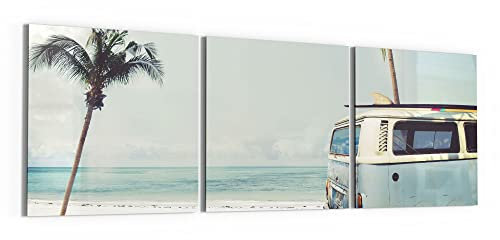 DEQORI Glasbilder Acrylglas | Motiv Surfer-Bus am Strand | horizontal 3-teilig 150x50 cm | große XXL Deko | Wandbilder für Wohnzimmer, Schlafzimmer, Flur & Küche | moderne Wanddeko