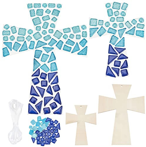 WEBEEDY 2 Set DIY Cross Glasmosaik-Kit Cross Bastelset für Kinder DIY Mosaik Cross DIY Kreative Basteln für Mädchen Kinder Geburtstagsgeschenk Mosaik Wandkunst Handgefertigte Kunstwerke