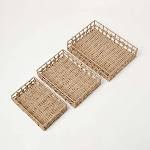 HOMESCAPES Set of 3 Woven Trays for Storage and Decoration Paper Weave Decorative Tinket Tray Three Sizes