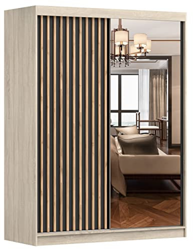 Fabryka Mebli Idźczak Kleiderschrank mit Spiegel, Lamellen, Schiebetüren - Schwebetürenschrank, Schlafzimmerschrank - 61 x 150 x 200 cm - Schrank für Schlafzimmer, Garderobe - Schwarz, Sonoma