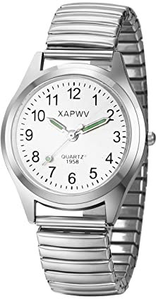 JewelryWe Herrenuhr Analog Quarz Partner Freundschaft Armbanduhr Elastisch Metall-Armband Ultradünne Herren Uhr mit Beleuchtenden Zeiger, Geschenk für Männer, Silber