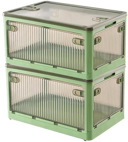 Creahaus 2Pack Storage Boxes with Lids, 28L Stackable Bins for Storage with Wheels, Folding Storage Boxes with Five Doors, Storage Containers Organizer for Bedroom Living Room Study Office(Green)