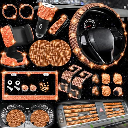 NBTEPEM 27 PCs Orange Bling Car Accessories Set for Women, Steering Wheel Covers Universal Fit 15 Inch, Bling License Plate Frame, Bling Phone Holder, Bling Car Coasters (Orange Diamond)