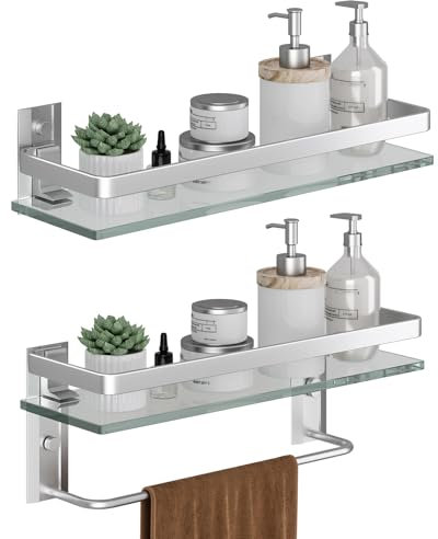 Danpoo Badezimmer-Regale, Wandmontage, transparentes gehärtetes Glas, Regal mit Handtuchstange, Handtuchhalter (mattes Silber)