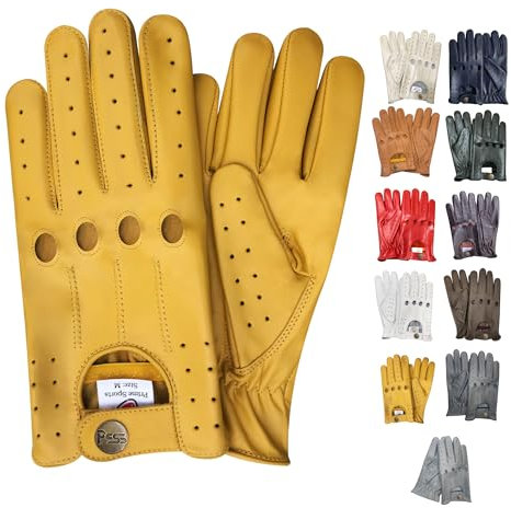 PSS Lederhandschuhe Autofahren Herren Männer Fahrer Lenkrad Chauffeur Handschuhe echtes Leder Autohandschuhe mit Loch Atmungsaktive ohne Futter Sommer Winter, Ref 507, Gelb Größe L