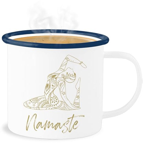 Emaille Becher Blechbecher - Tassen - Namaste Yoga Geschenk Mandala - 300 ml - Weiß Blau - joga tasse meditation geschenke fans für alles motiven mit