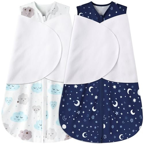 BSTOPPT Baby-Wickelsack für Neugeborene, 3–6 Monate, 3-fach verstellbar, tragbare Decke, 100 % Viskose-Baumwolle, Wickelschlafsack, TOG 0,5 (Wolken und Sternenhimmel)