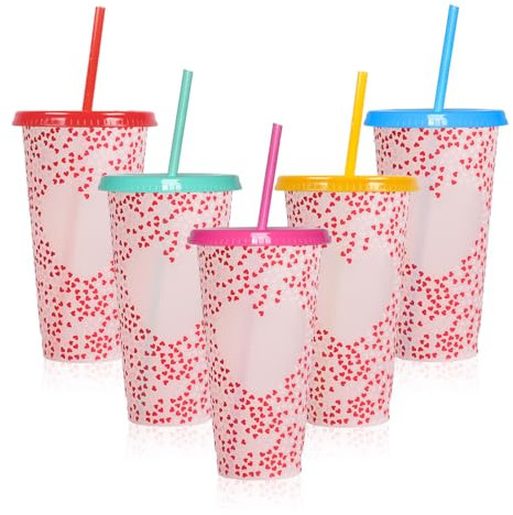 Fadcaer Lot de 5 gobelets à café glacé réutilisables avec couvercles et pailles - 710 ml - Motif cœur glacé - Avec couvercles et pailles - Cadeaux romantiques (rouge B)