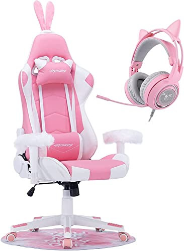 Lan Xin-JP Office chair, Pink Bunny Gaming Chair Cute Kawaii Gamer Chair for Girl Ergonomic Computer Gaming Chair with Lumbar Support PU Leather High Back Racing Gaming Chairs with USB Headset