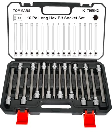 TOMMARS 16-Pc Long Hex Bit Socket Set, Extra Long Allen Socket Set, CR-V and S2 Steel, SAE & Metric 1/8-3/8 in., 3-10 mm.