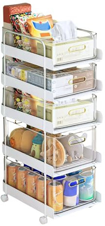 Carro de Almacenamiento, Estante Auxiliar con Ruedas. Carro Organizador Divisible, Ahorra Espacio, Plástico para Almacenamiento de Hogar, Cocina u Oficina. (5 baldas / 67x37x25 cm)