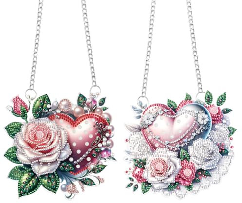 Generish 2 Stück Liebes rose DIY Diamond Painting Anhänger mit Kette, Diamant Painting Fensterbilder, 5D Diamond Malerei Türkranz Wandbehang Kits für Fenster Wand Eingang Garten Decor