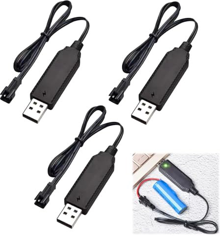 3Pcs 3.7V USB Charger Cable USB charger for RC with SM-2P Connector Lithium Battery Charging Cable LED Indicator for RC Cars Drones Quadcopters, Compatible with NiCd NiMH LiPo Batteries Child Toy Car