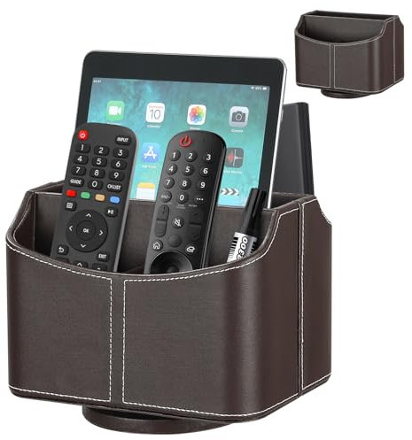 Esilihom Remote Control Holder, TV Remote Holder, PU Leather | 360 Degree Rotatable | 5 Compartments, Brown