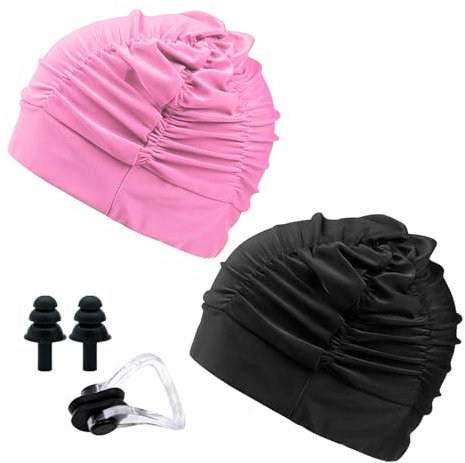 2 Bonnets de Bain pour Femmes avec 1 Pince-Nez et 1 Paire de Bouchons d'oreilles, Bonnet de Bain élastique, Bonnet de Bain Adulte, Fournitures de Natation