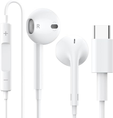 USB C Kopfhörer mit Kabel USB C In Ear Kopfhörer Kopfhörer mit Mikrofon USBC Ohrhörer Typ C Kompatibel mit iPhone 15/15 Plus/15 Pro/15 Pro Max/iPad Pro/Air/Mini/Samsung Galaxy S24 S23 S22 S21 - Weiß