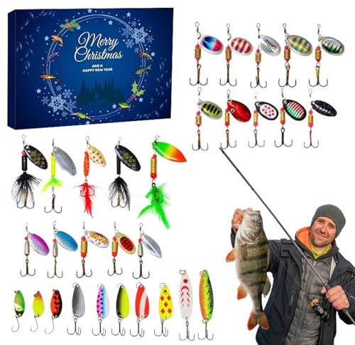 Angelköder Adventskalender 2024, 24 Tage Angelgerät Weihnachtskalender Köder Set Angel-Adventskalender 2024 Für Erwachsene Angel Weihnachts Countdown Kalender Für Sohn, Onkel, Vater Angelliebha