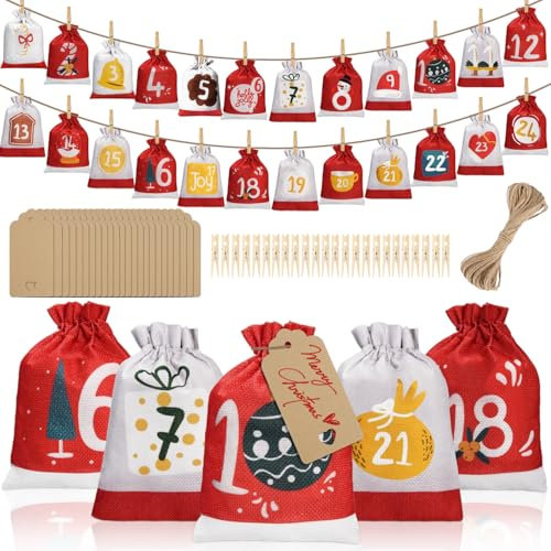 Adventskalender zum Befüllen, 2025 Adventskalender Selber Befüllen, 18 x 13 cm Groß Weihnachten Säckchen, Weihnachtskalender zum Befüllen Stoff für Kinder, 24 Geschenksäckchen für Kinder