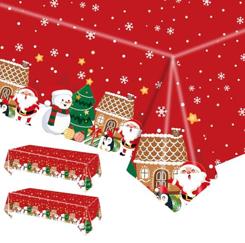 2 Stück Weihnachtstischdecke,Rechteck Weihnachten wasserdichte Tischdecke für Tischdekorationen,137 x 274cm Weihnachtsbaum-Schneemann Kunststoff Tischdecke für Weihnachten Urlaub Winter-Party-Zubehör