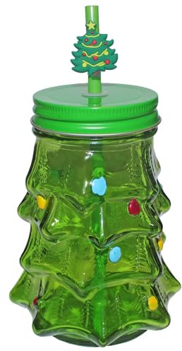 Widdle Gifts Christmas Drinking Glass Cup with re-usable Straw Novelty Shape Glass with Lid (Christmas Tree 8762)