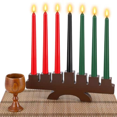 10 Pcs Kwanzaa Kinara Set - 3 Red, 3 Green, 1 Black Kwanzaa Candles Holder with Bamboo Table Mat & Wooden Wine Goblet for Celebration Decoration