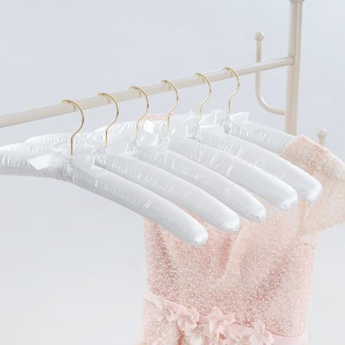 Cocomaya 5 Stück 43cm Weiß Kleiderbügel aus Satin, Weiche Seide Aufhänger für T-Shirt Hemd Mantel Kleid Trägertop Brautkleid Pullover mit Drehbar Schön Funkeln Gold Haken (Weiß/Gold Haken,5)
