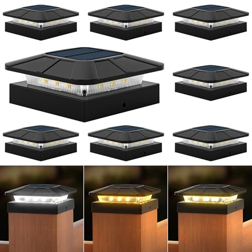 Flaow 4x4 Solar Post Cap Lights Outdoor [8 Pack Waterproof IP65], 3 Lighting Modes for Fence Deck Patio Garden Decor, Dusk-to-Dawn Solar Powered Post Lights Fit 4x4 Wood/Vinyl