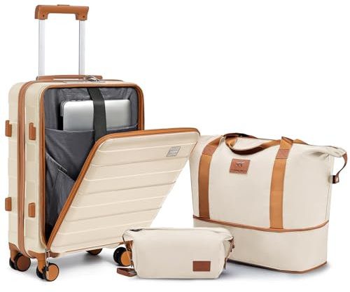 imiomo Koffer Trolleys Handgepäck ABS Hartschalenkoffer mit Laptopfach Reisekoffer mit TSA Schloss und 4 Rollen Der Gepäcksets Enthält 1 Reisetasche und 1 Kulturbeutel Weiß