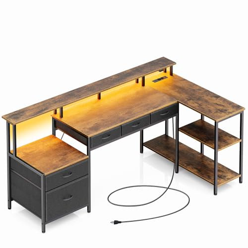 Rolanstar Schreibtisch L Form mit Schubladen, reversibler Gaming Tisch mit Steckdose, LED & Monitorständer 163 cm Computertisch für Büro Arbeitszimmer Schlafzimmer, vintagebraun