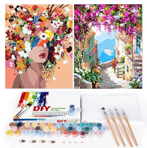 EFOTIML Kit de pintura por números para adultos principiantes y niños Edades 8-12, 16x20 Canva para kits de pintura para adultos (sin marco) - flores de niña y flores ciudad (2PCS)